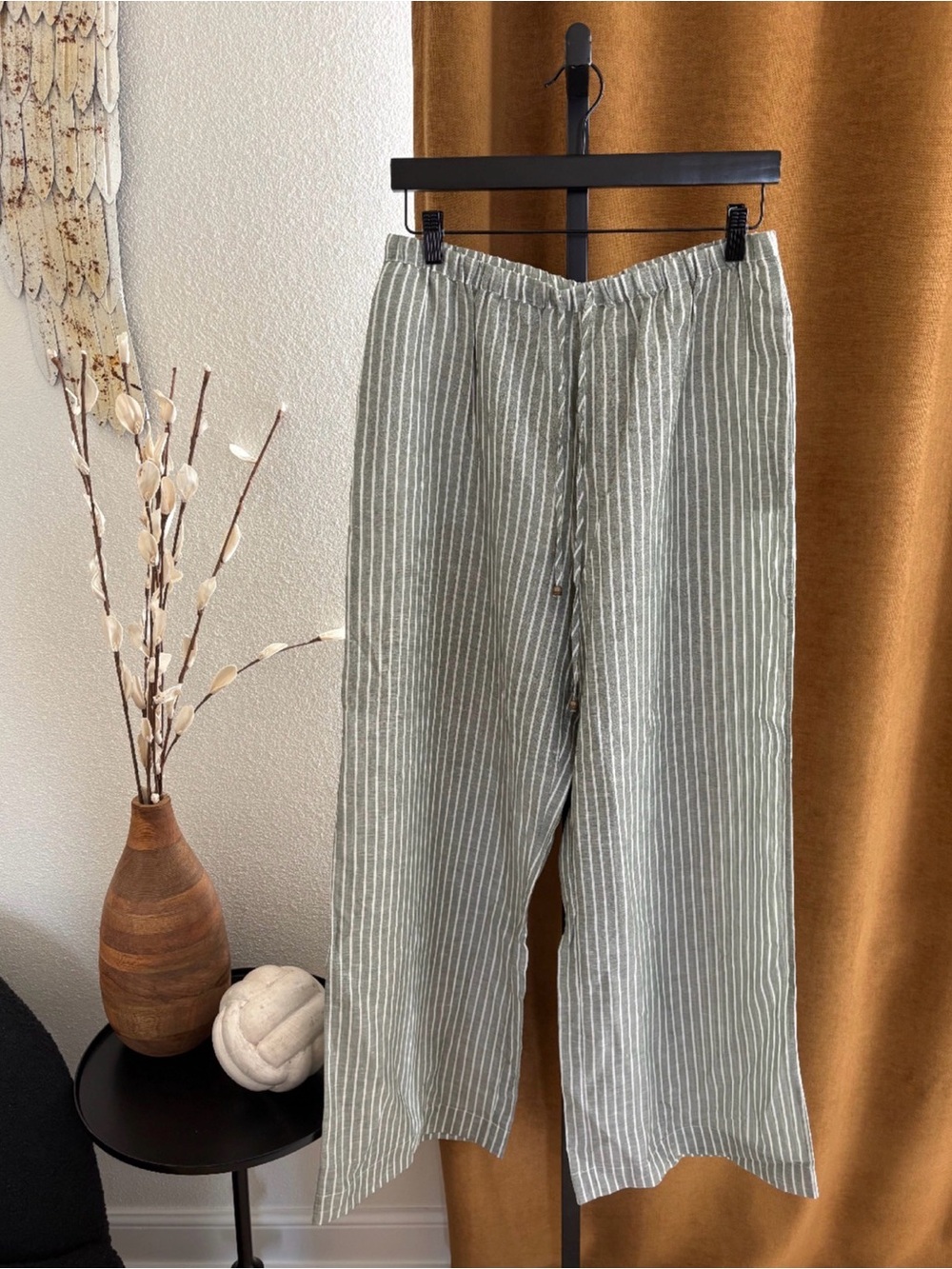 Striped Wide Leg Linen-Blend Pants in Sage Green